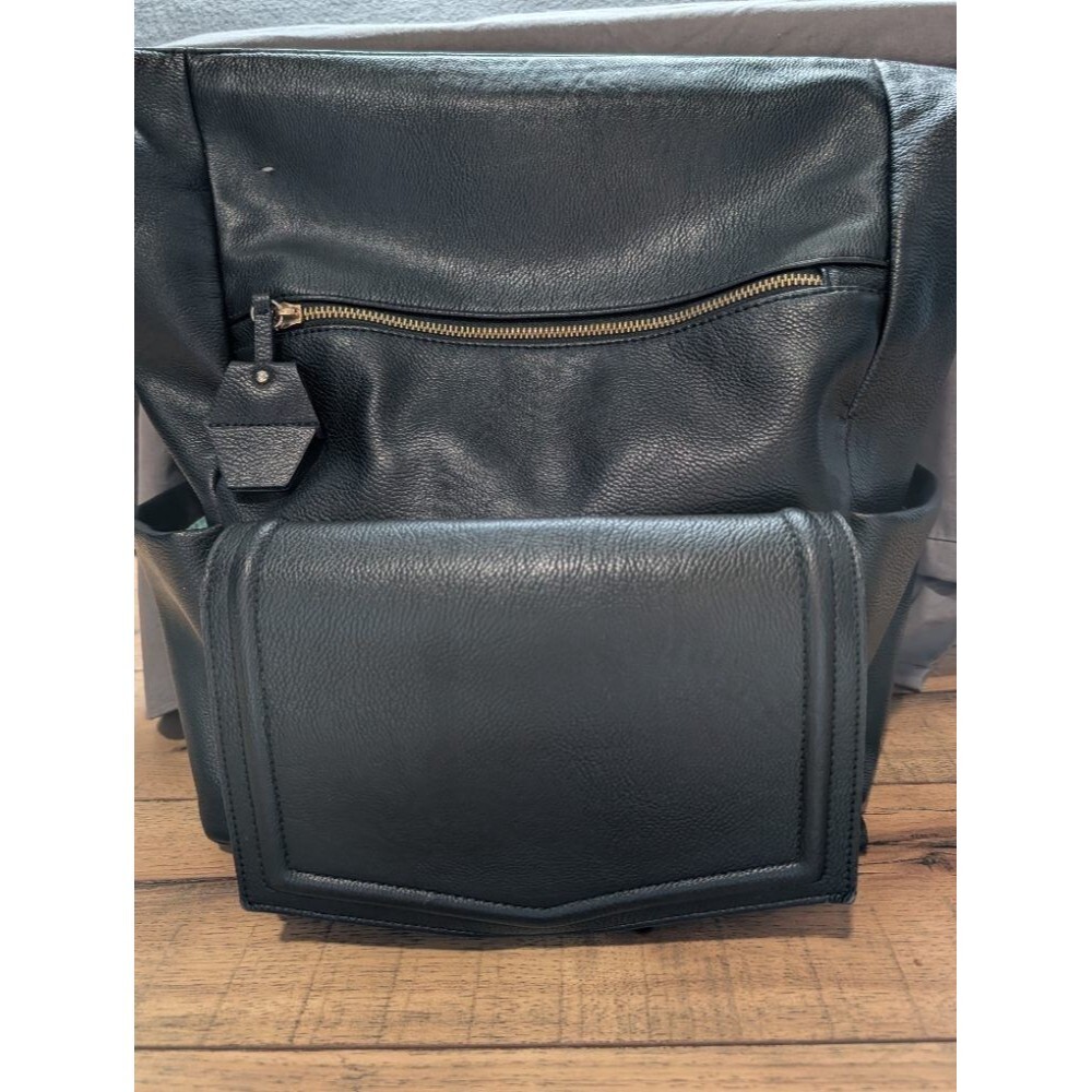 MOMINSIDE Black Leather Diaper Backpack Bag Gold Hardware Functional Pockets